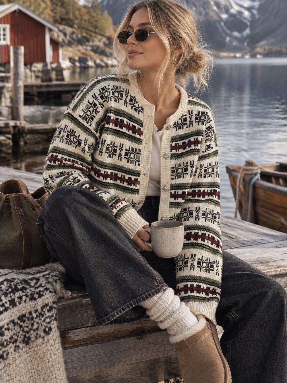 Husflidstua Norway Nordic Wool Cardigan Medium Fair Isle Vintage Ski Sweater